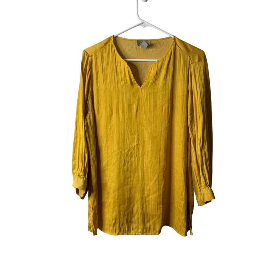 Chicos Mustard Yellow Gold Satin 3/4 Sleeve V-neck Blouse 1
